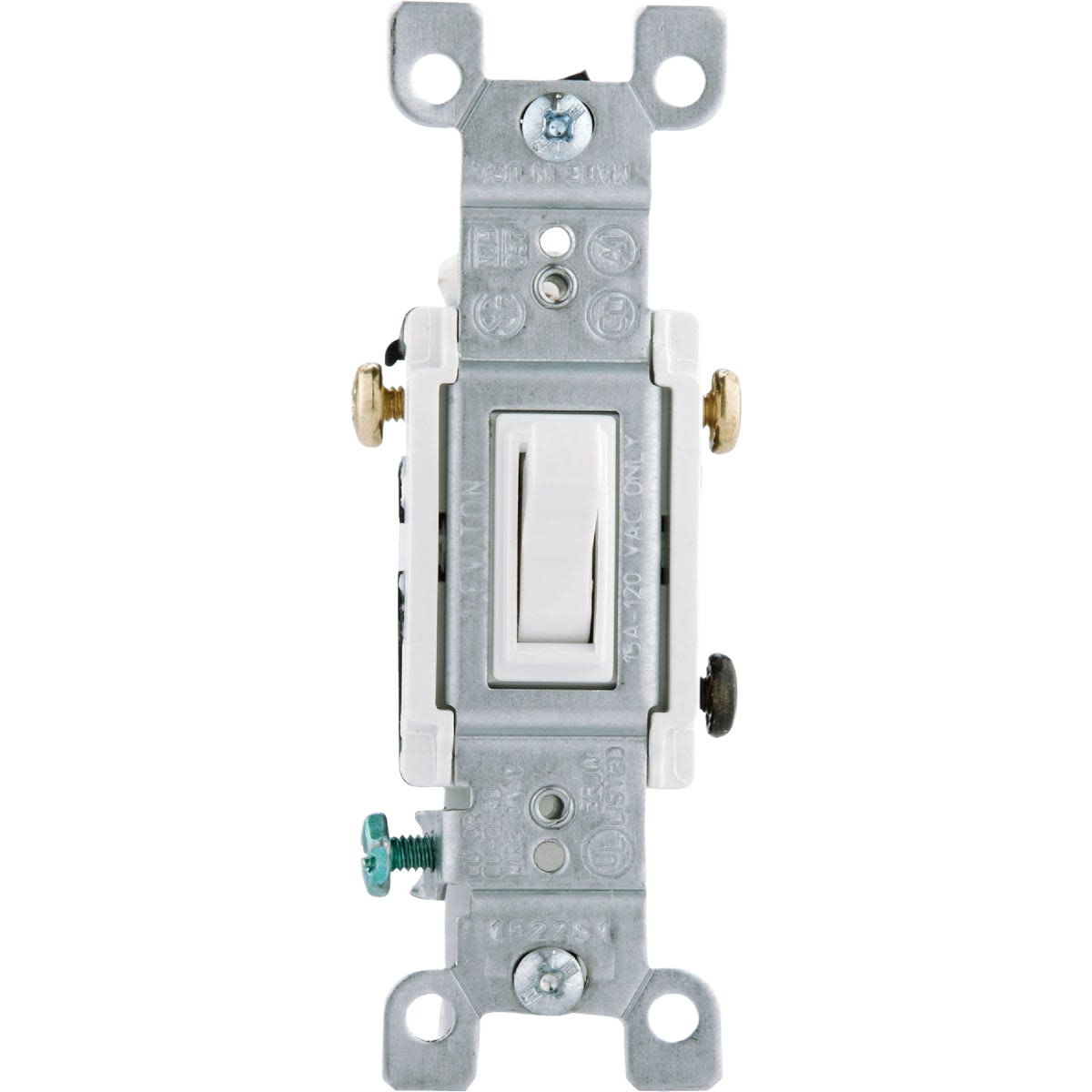 White toggle switch with mounting bracket and grounding screw for home improvement electrical installation tasks