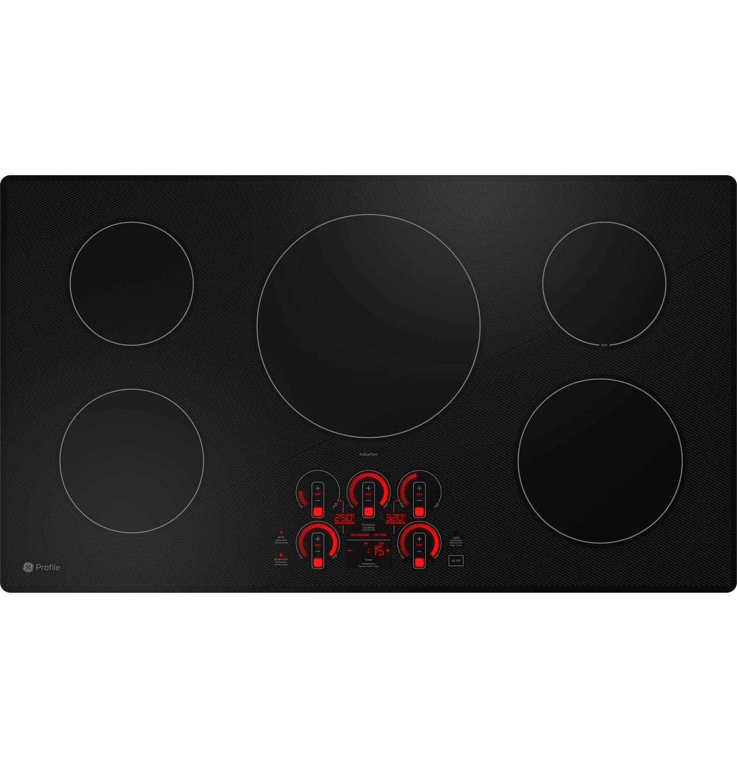 Black built-in induction cooktop with five cooking zones and red digital touch controls in Cooktops and Kitchen & Kitchenware collections