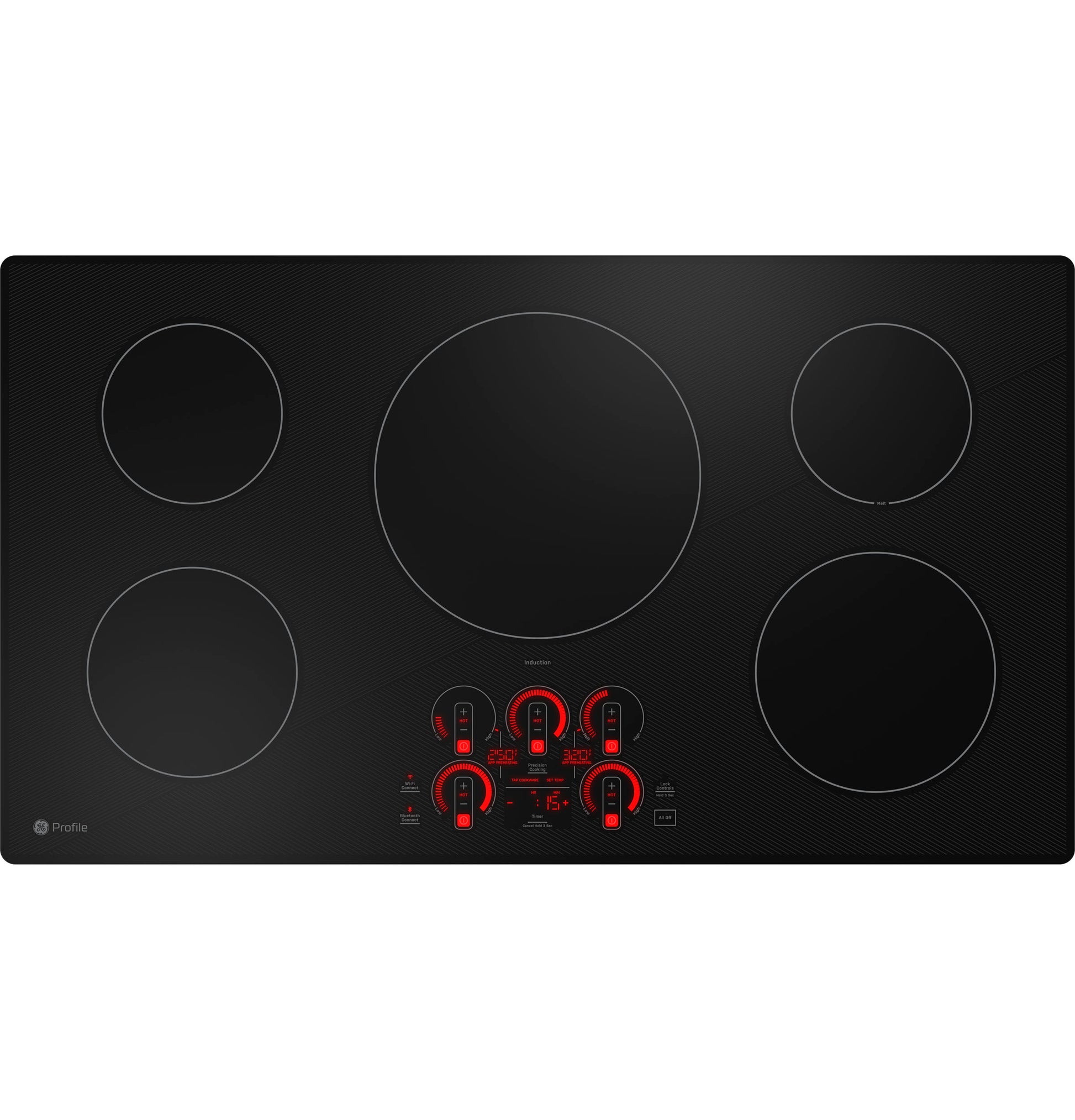 Black built-in induction cooktop with five cooking zones and red digital touch controls in Cooktops and Kitchen & Kitchenware collections