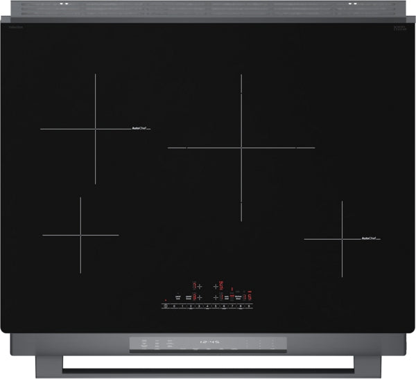 Black stainless steel 30-inch induction cooktop with touch controls and four cooking zones from Bosch ranges collection