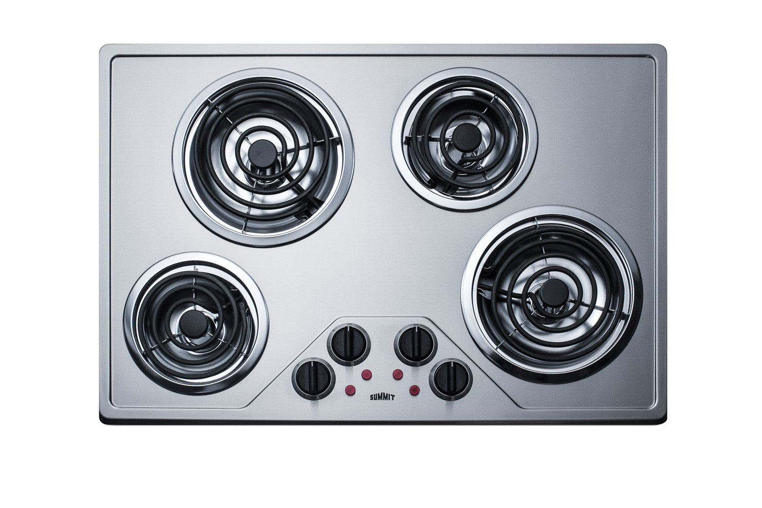 Stainless steel 4-burner electric coil cooktop with control knobs for home improvement kitchen installation