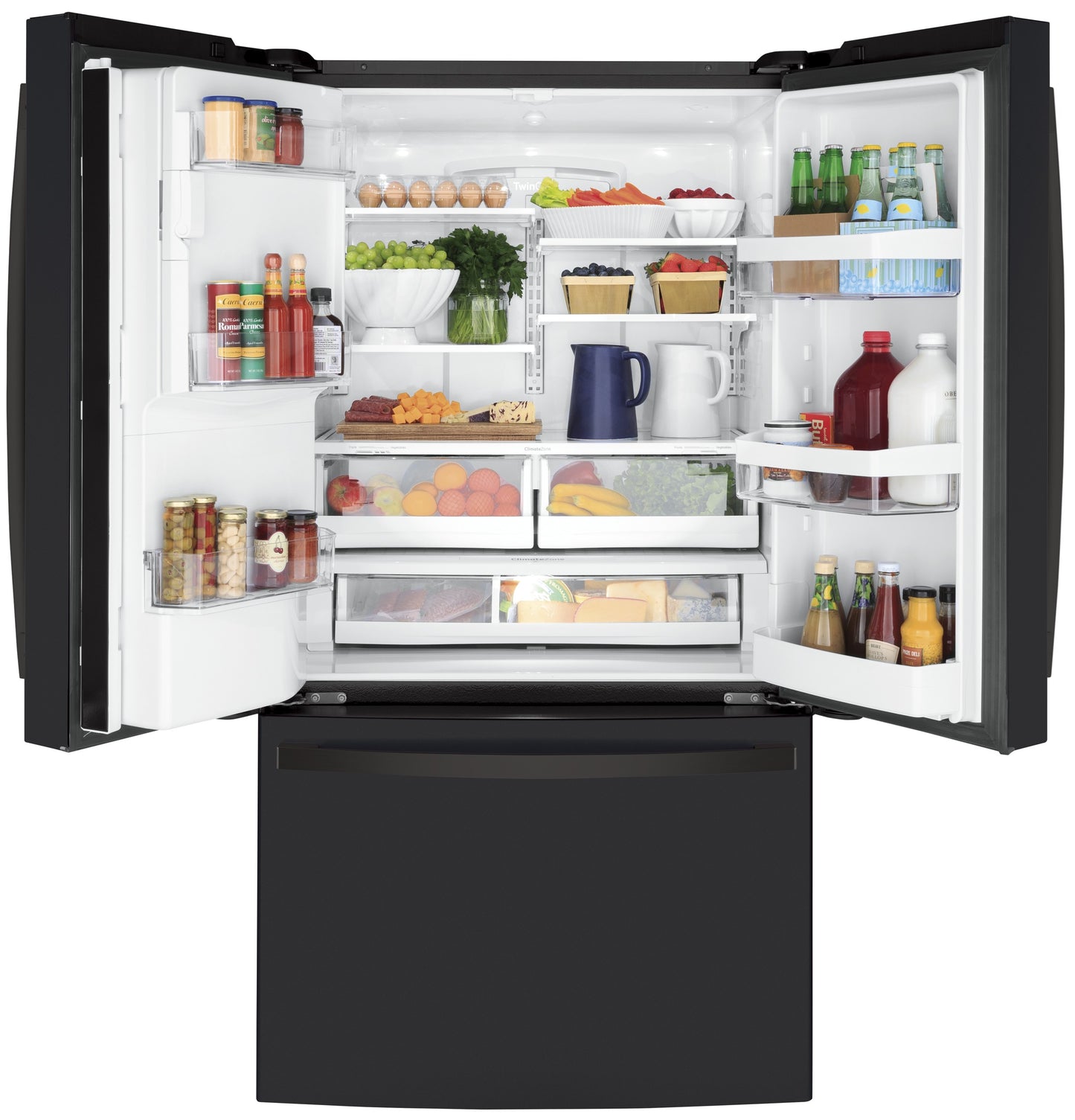 Black French-door refrigerator with open doors showing organized fresh groceries in kitchen appliances collection