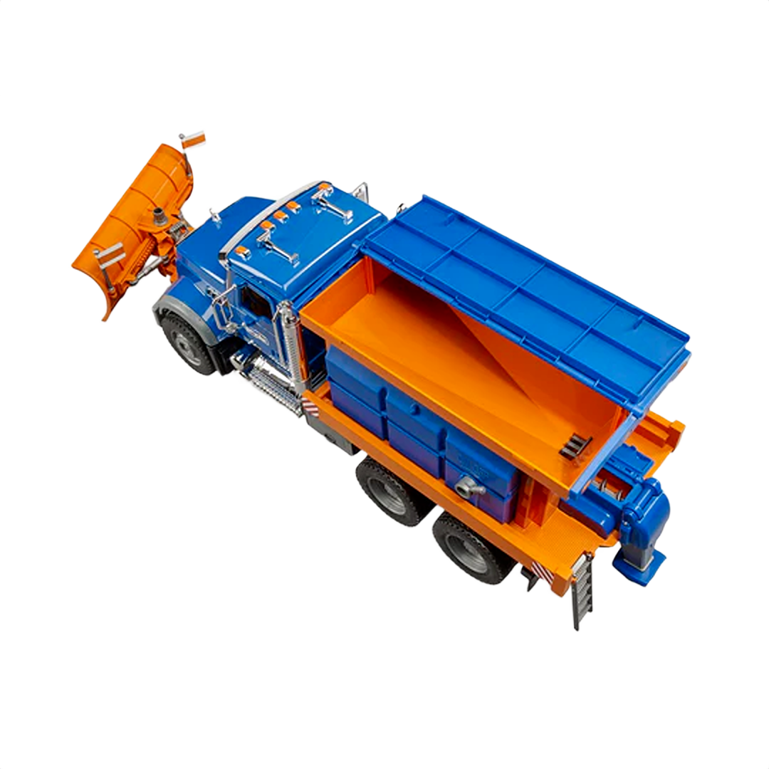 Blue and orange Bruder Mack Granite snow plow truck toy with height-adjustable blade for Vehicles & Remote Controlled Toys collection