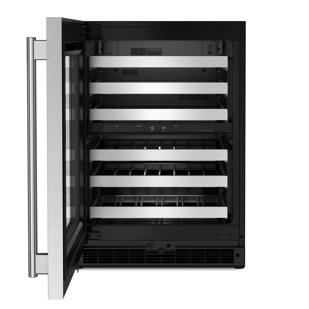 Stainless steel undercounter wine cellar with metal-front racks and digital temperature display from KitchenAid appliances collection