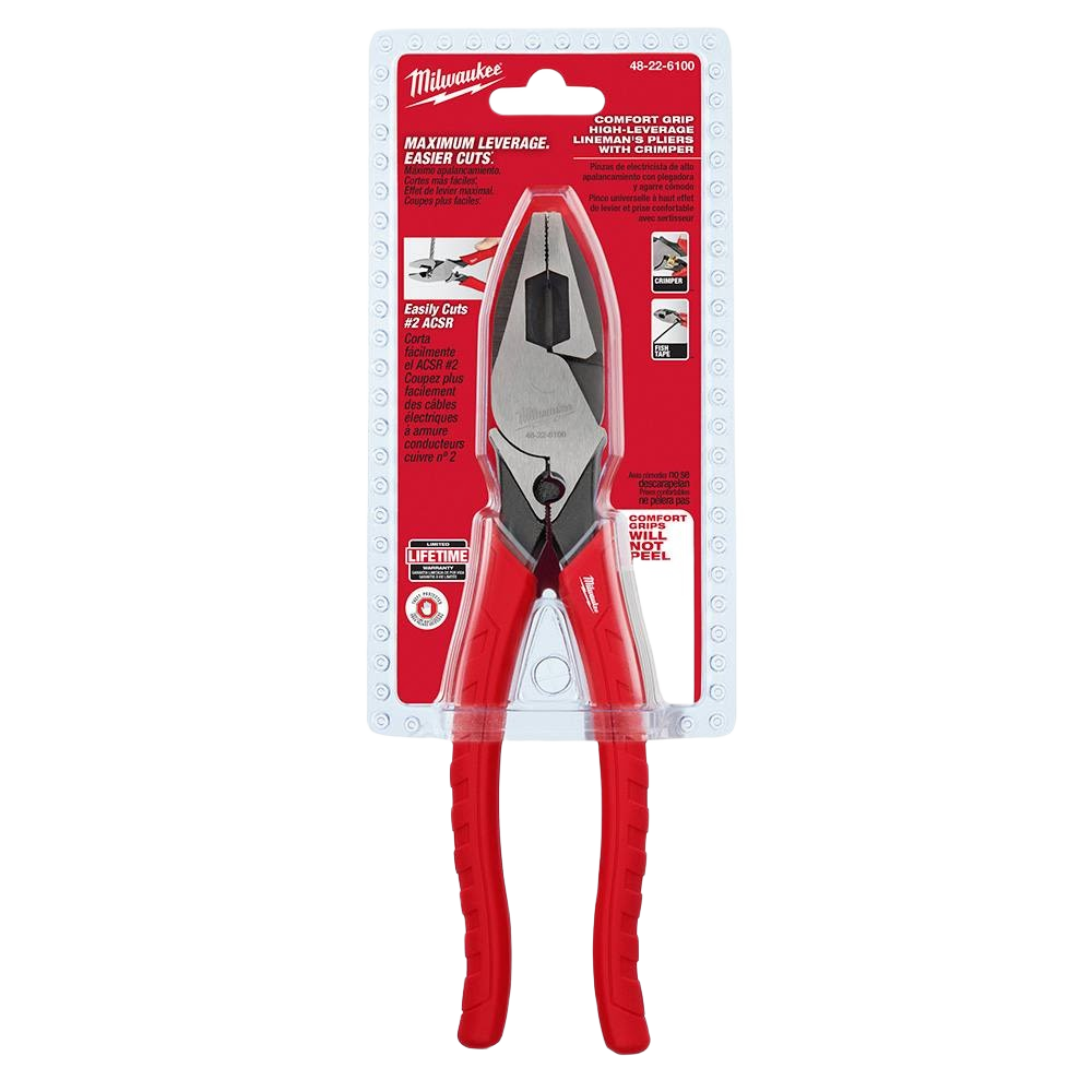 Milwaukee high leverage lineman’s pliers with red comfort grips and integrated crimper for hand and woodworking tool use