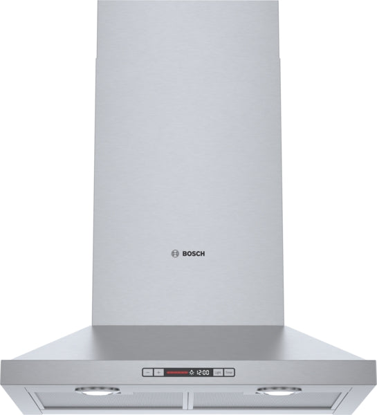 stainless steel wall mounted range hood with pyramid chimney and digital control panel in kitchen appliances collection