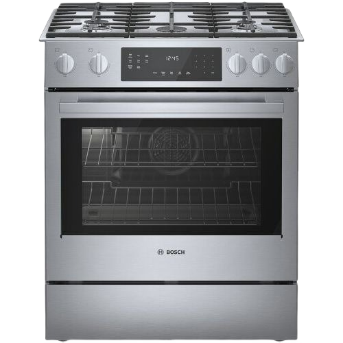stainless steel gas slide-in range with digital control panel and heavy-duty metal knobs for kitchen appliances