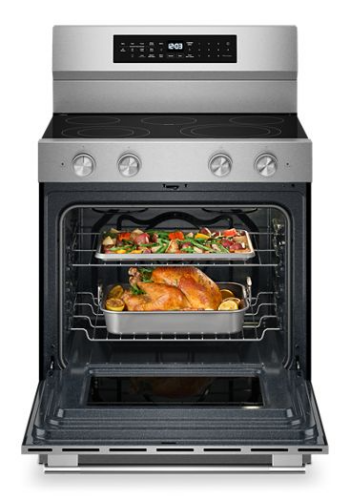 30-inch stainless steel electric range with smooth cooktop, digital controls, and convection oven from KitchenAid collection