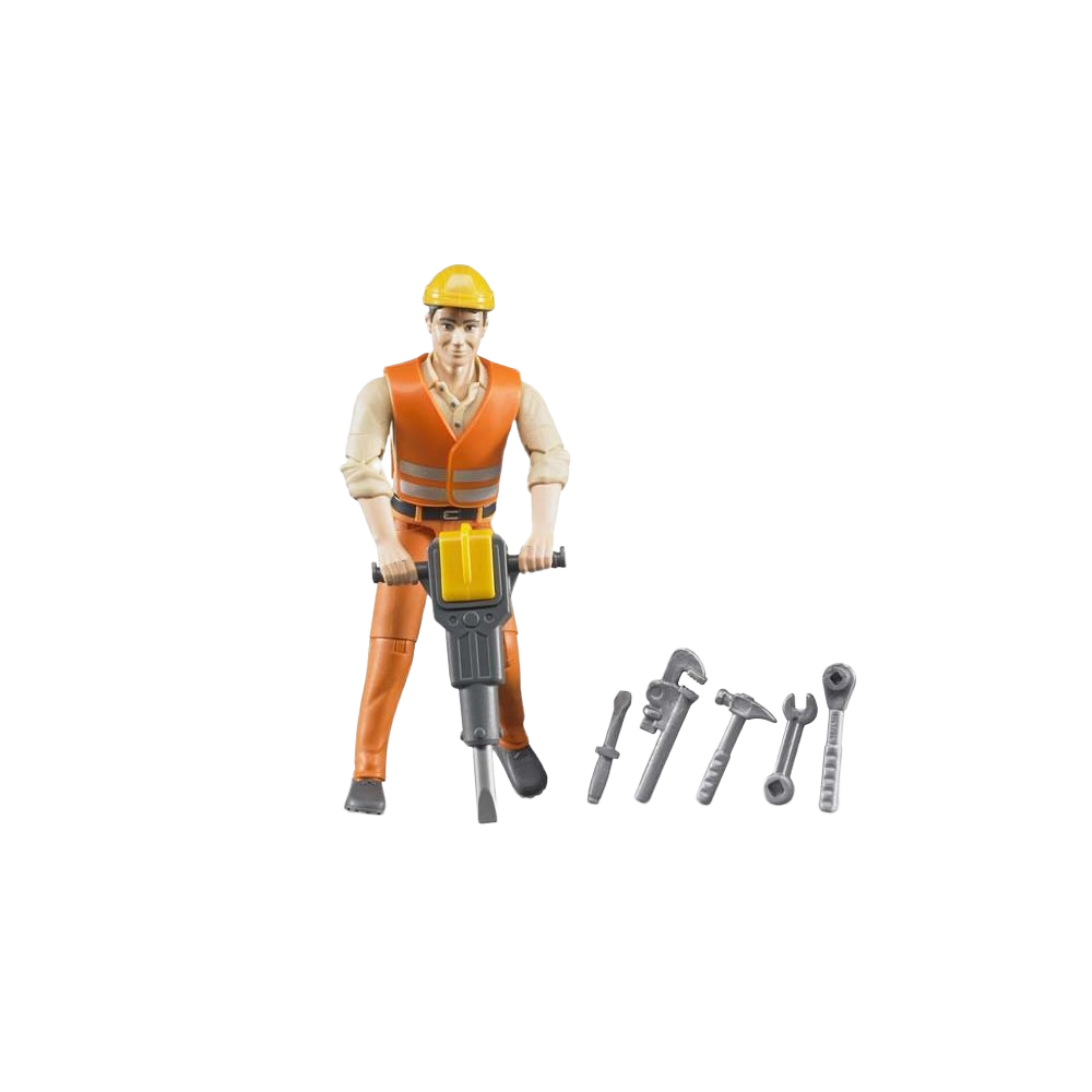 Construction worker figurine wearing safety gear operating jackhammer with five metal tool accessories arranged nearby