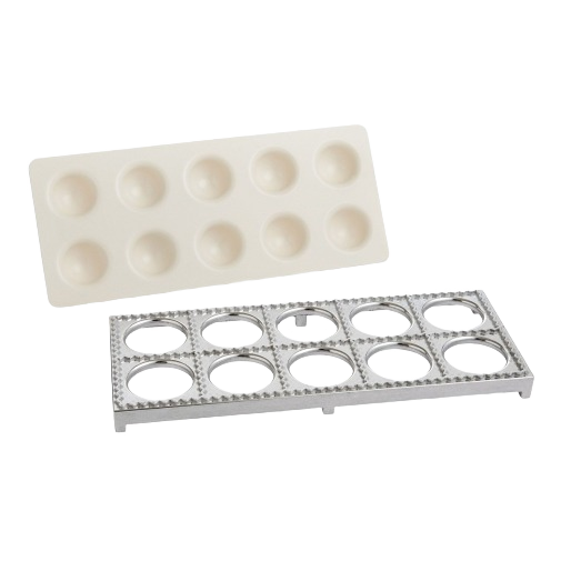 Aluminum and plastic kitchen gadget for forming and cutting jumbo ravioli dough in batches of ten squares