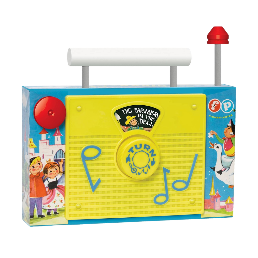 Colorful vintage-style Fisher Price toy radio with music notes and animated character illustrations for home improvement decor