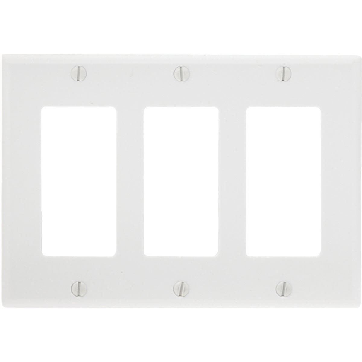 White smooth plastic 3-gang rocker decorator wall plate designed for home improvement applications