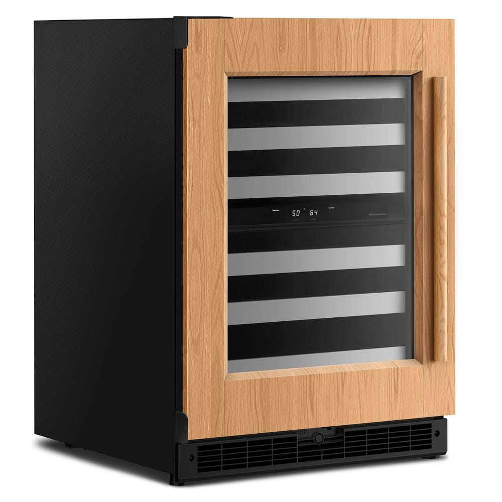 24-inch black undercounter wine cellar with wood panel door, metal racks, digital controls in KitchenAid appliances collection