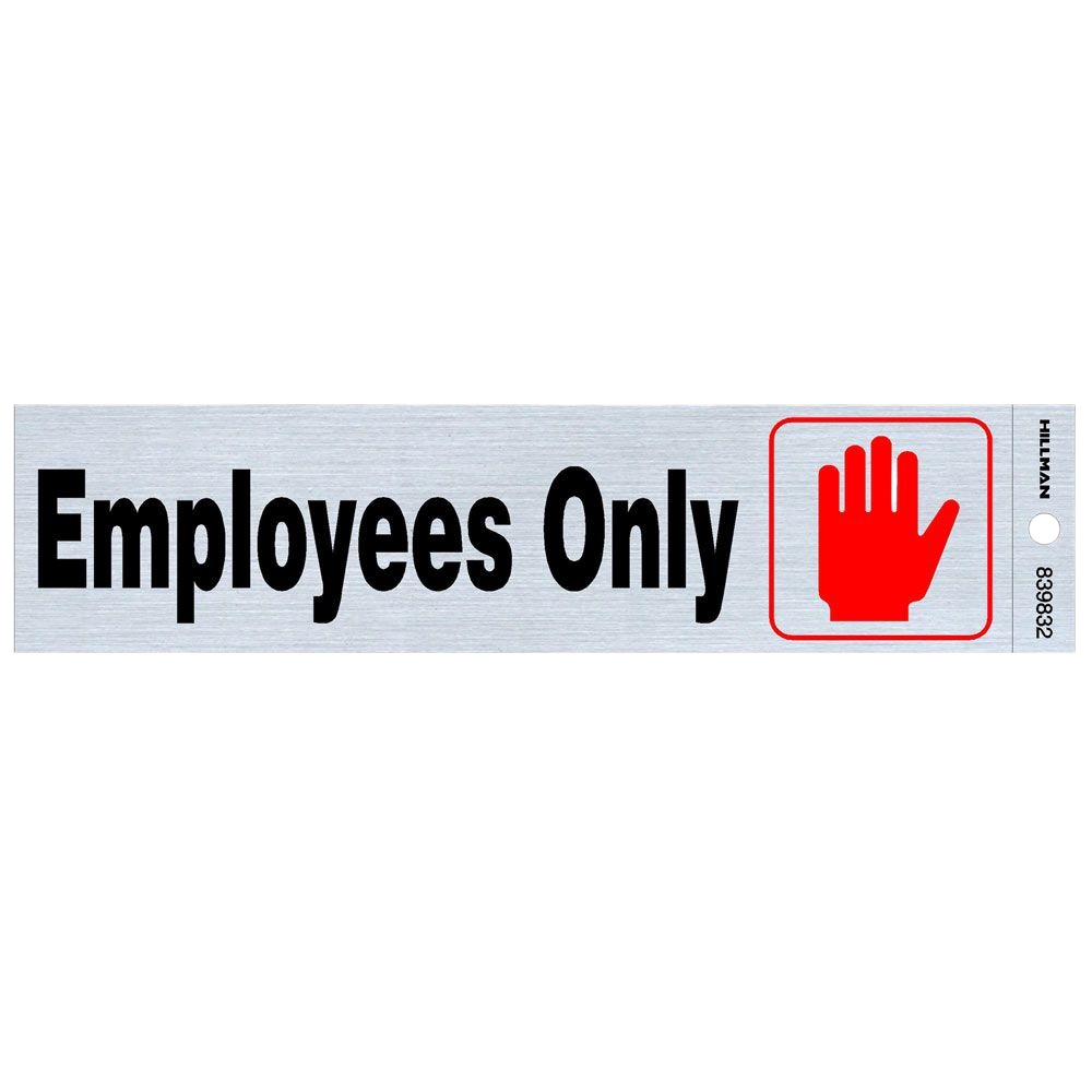 Black and blue nickel self-adhesive Employees Only sign with red stop hand for hardware and home improvement use