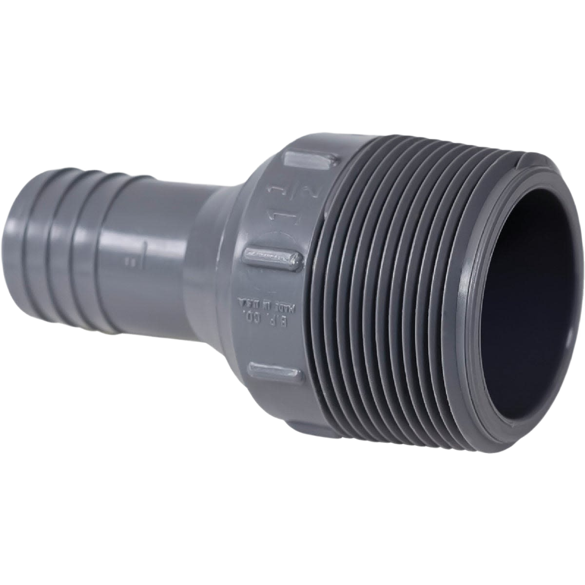 Gray polypropylene hose adapter with male pipe thread and insert connection for plumbing and pipes fittings.