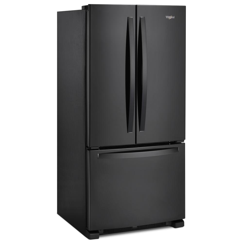 Three-quarter view of black French door refrigerator with bottom freezer drawer in kitchen appliances collection
