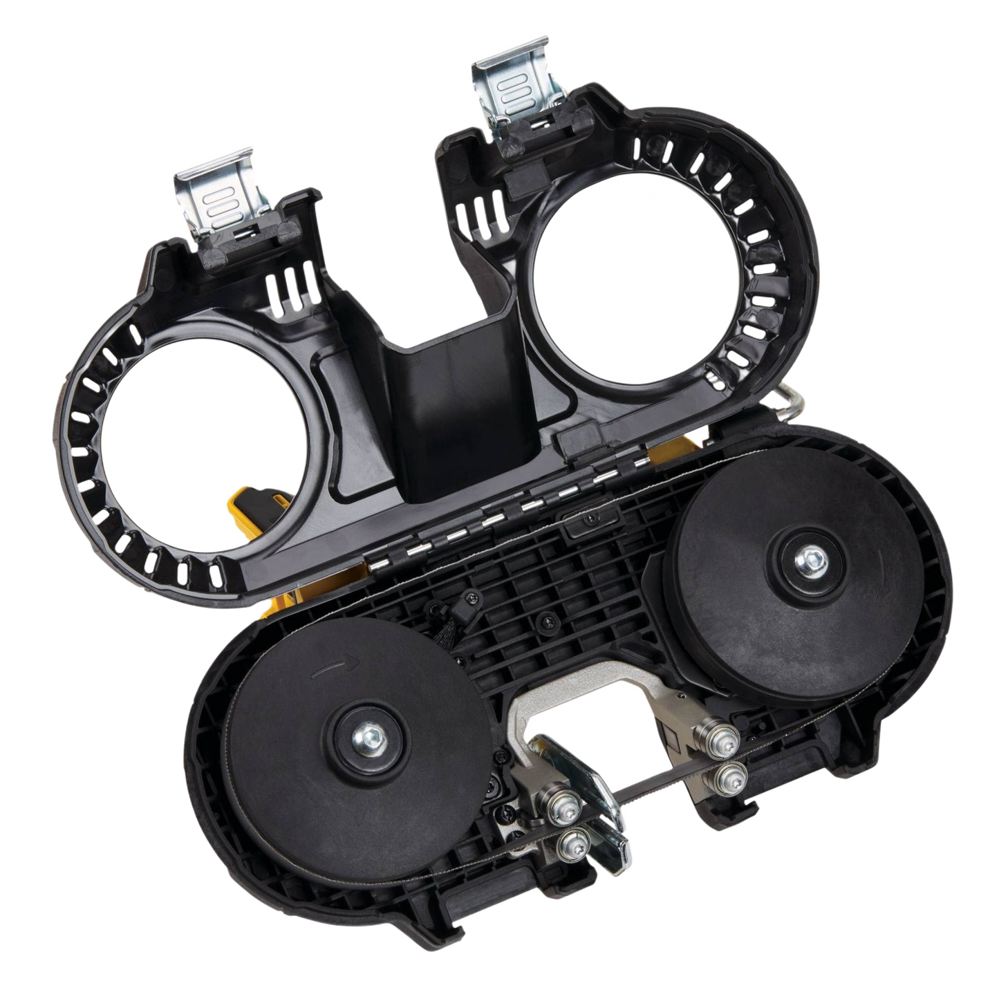Black plastic and metal band saw blade housing and wheel assembly component for power tools collection