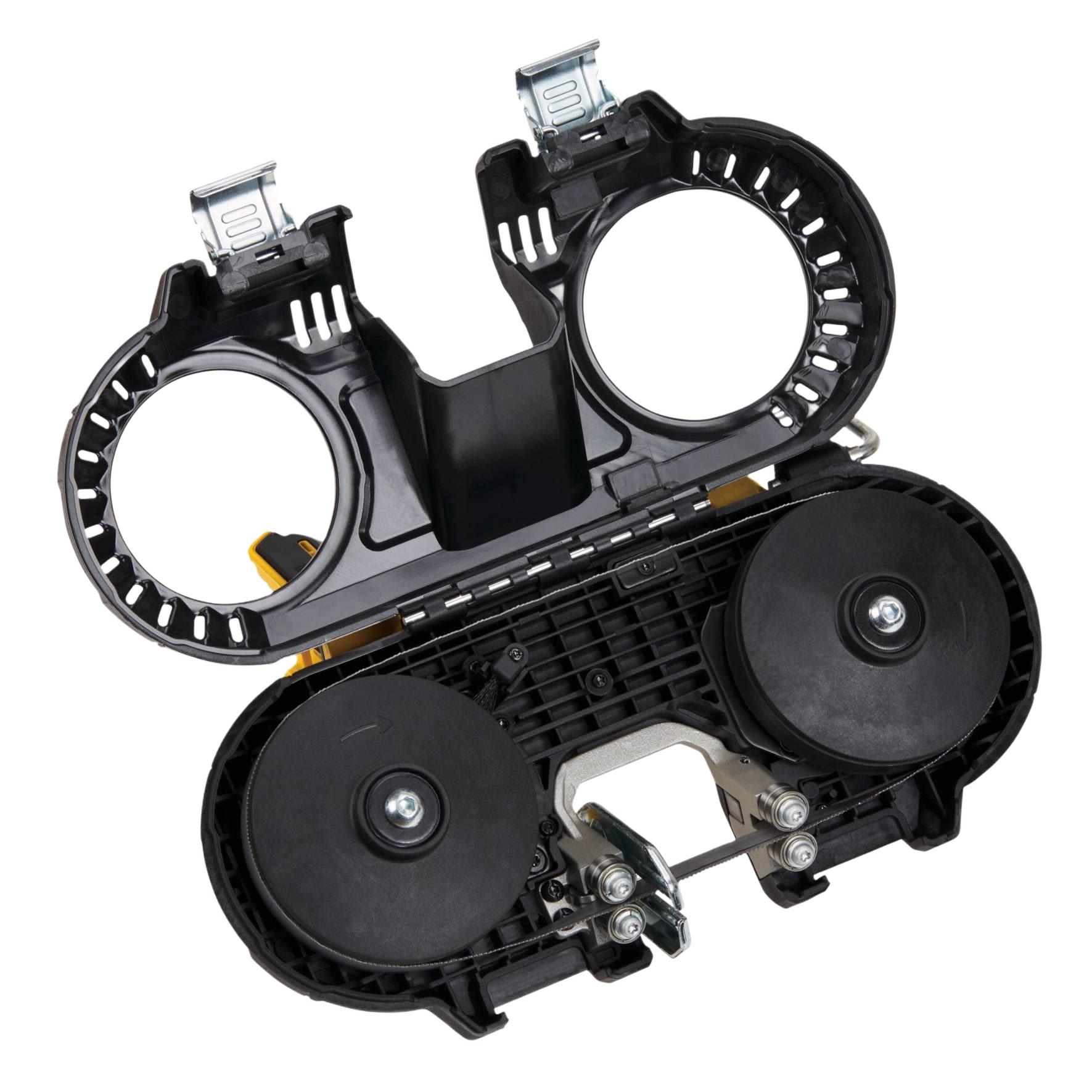 Black plastic and metal band saw blade housing and wheel assembly component for power tools collection