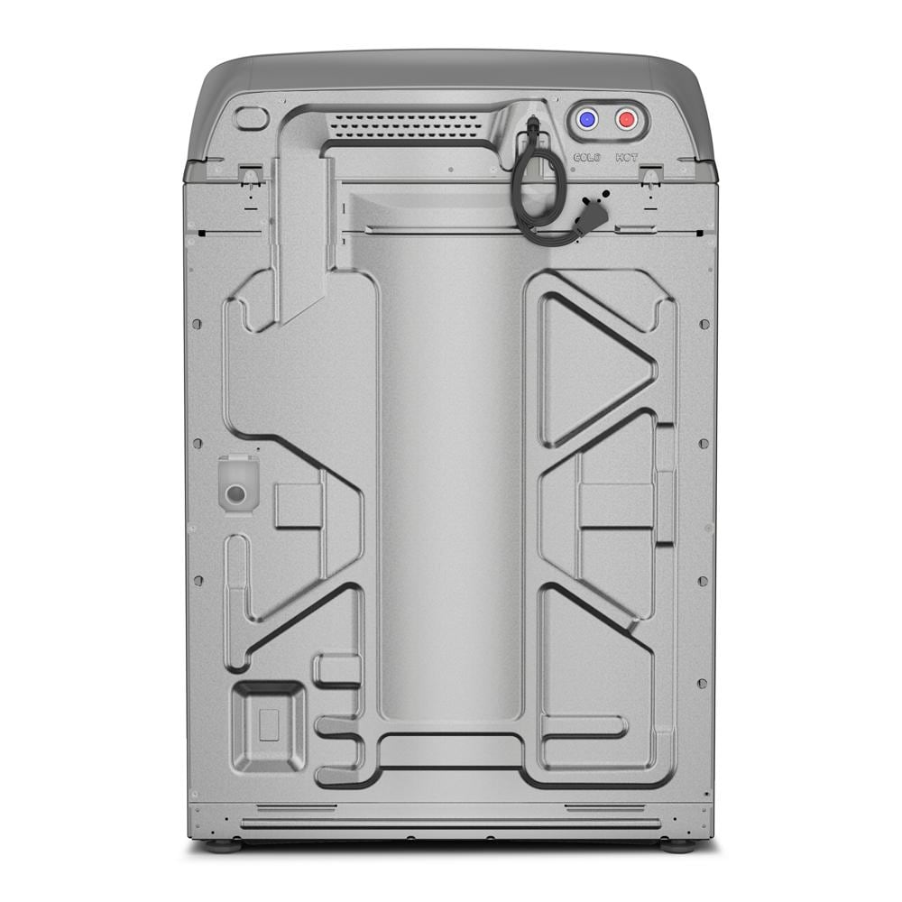Back view of a silver smart top load washer with water supply hookups and metal panel design in appliance setting