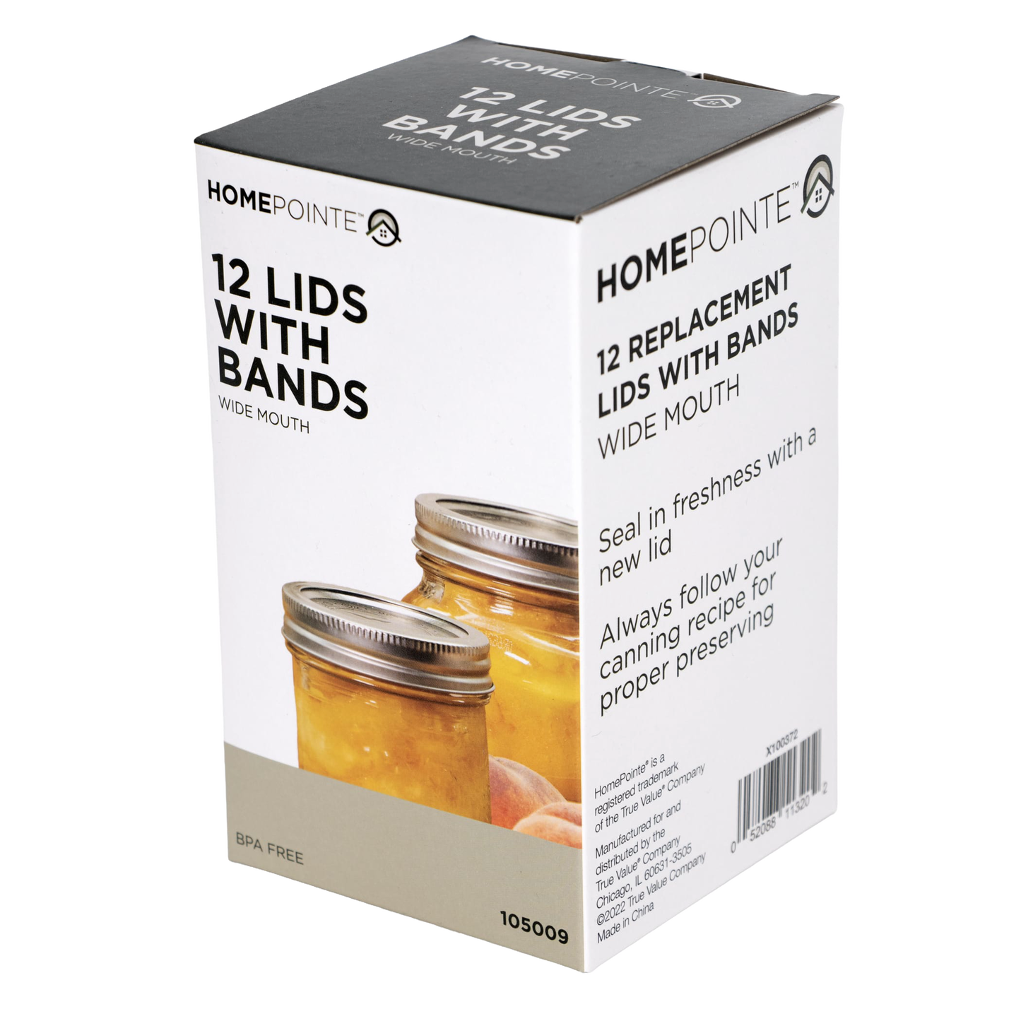 Box of 12 wide-mouth metal lids and bands for jars shown with preserved fruit in kitchenware under $50 collection
