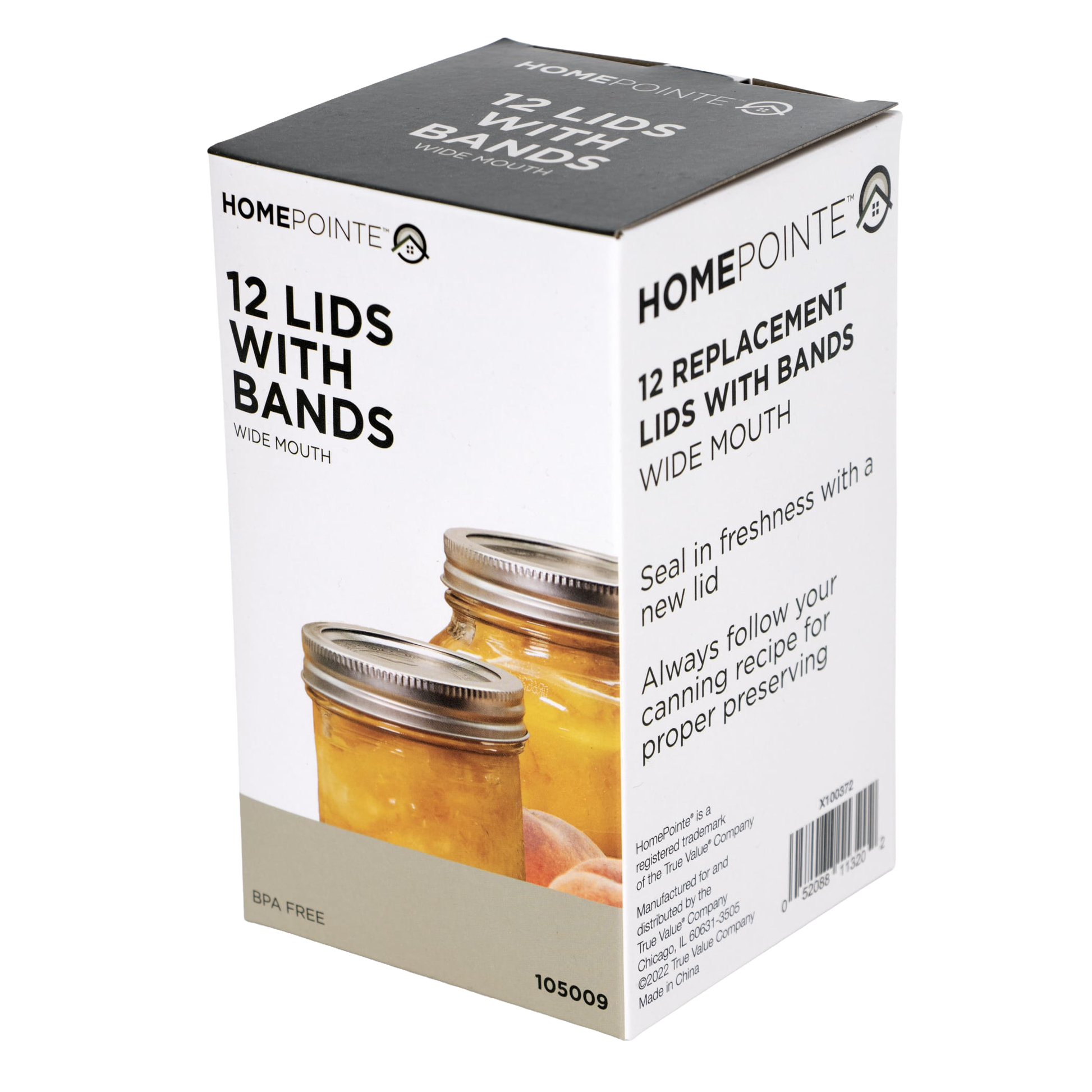 Box of 12 wide-mouth metal lids and bands for jars shown with preserved fruit in kitchenware under $50 collection
