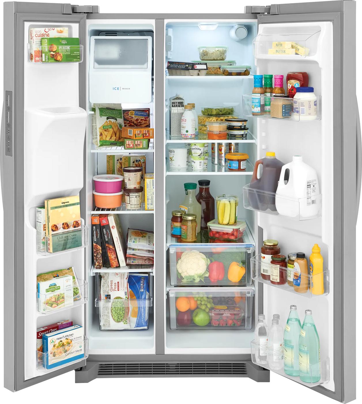 Open stainless steel side-by-side refrigerator with organized fresh foods and beverages in kitchen appliances and refrigerators collection