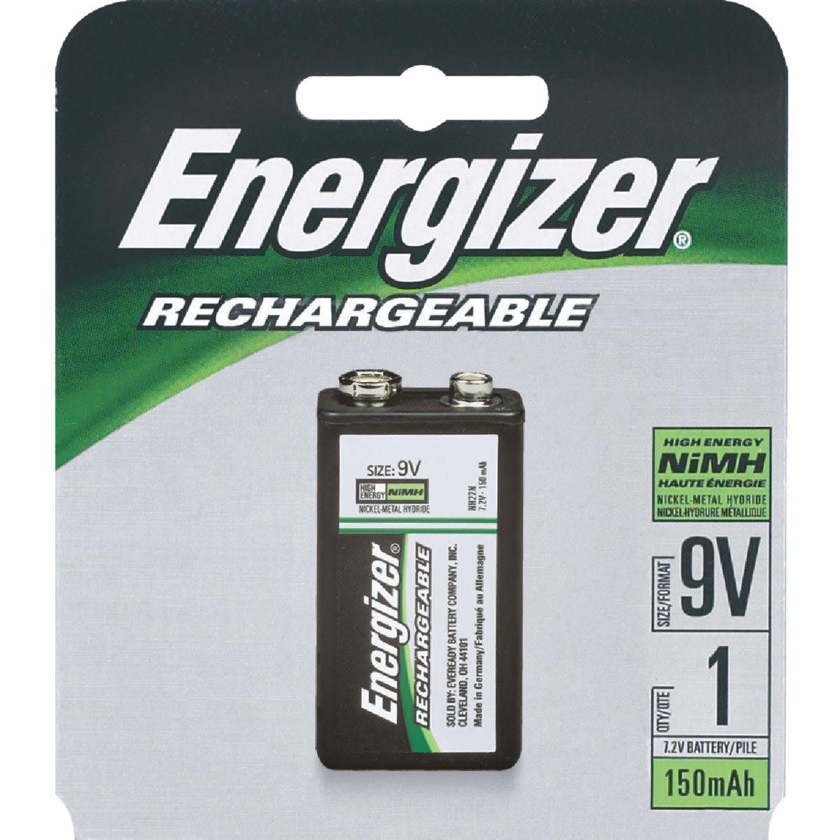 9V rechargeable nickel-metal hydride battery in retail packaging for tools and home improvement use