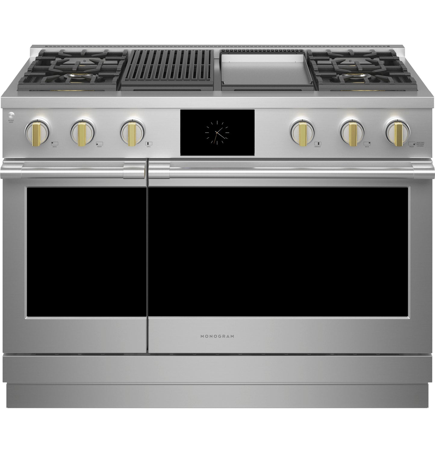 Stainless steel dual-fuel range with four gas burners, grill, griddle, and digital display for kitchen appliances collection