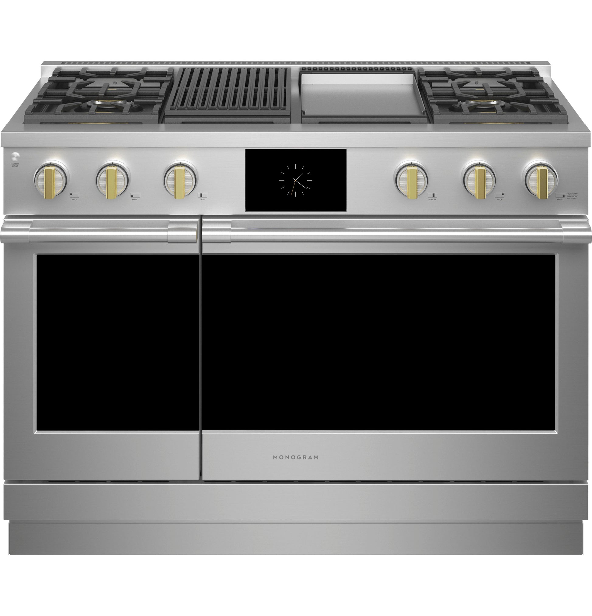 Stainless steel dual-fuel range with four gas burners, grill, griddle, and digital display for kitchen appliances collection