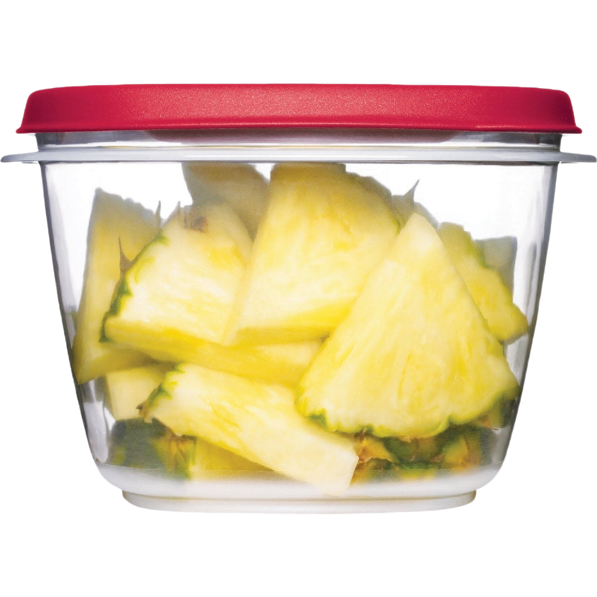 Clear food storage container with red lid holding fresh pineapple chunks for kitchen organization and food storage.