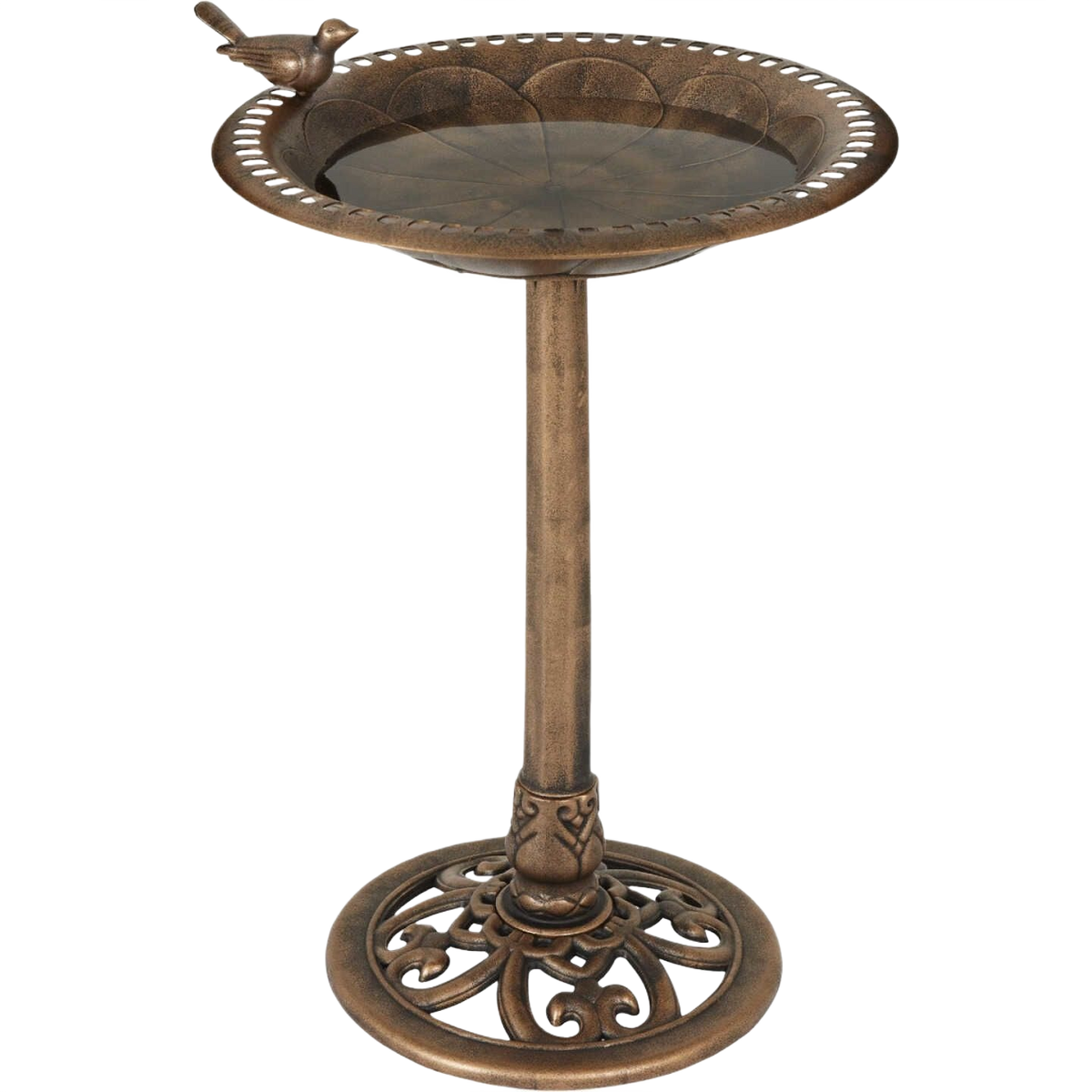 Antique bronze decorative pedestal bird bath with ornamental base and bird accent for outdoor living and garden decor collections