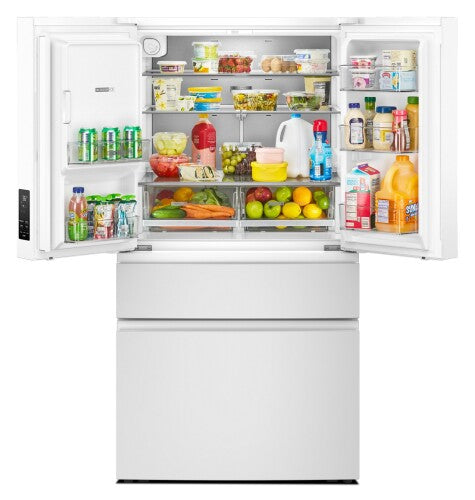 Open white French door refrigerator showing organized fresh produce, beverages, and dairy from kitchen appliances collection