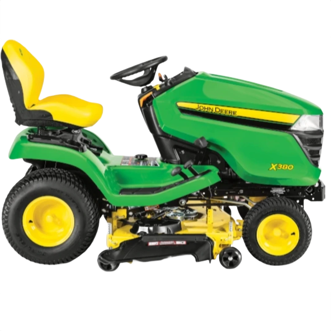 Green and yellow riding lawn tractor with comfortable seat and 54-inch cutting deck for efficient yard maintenance