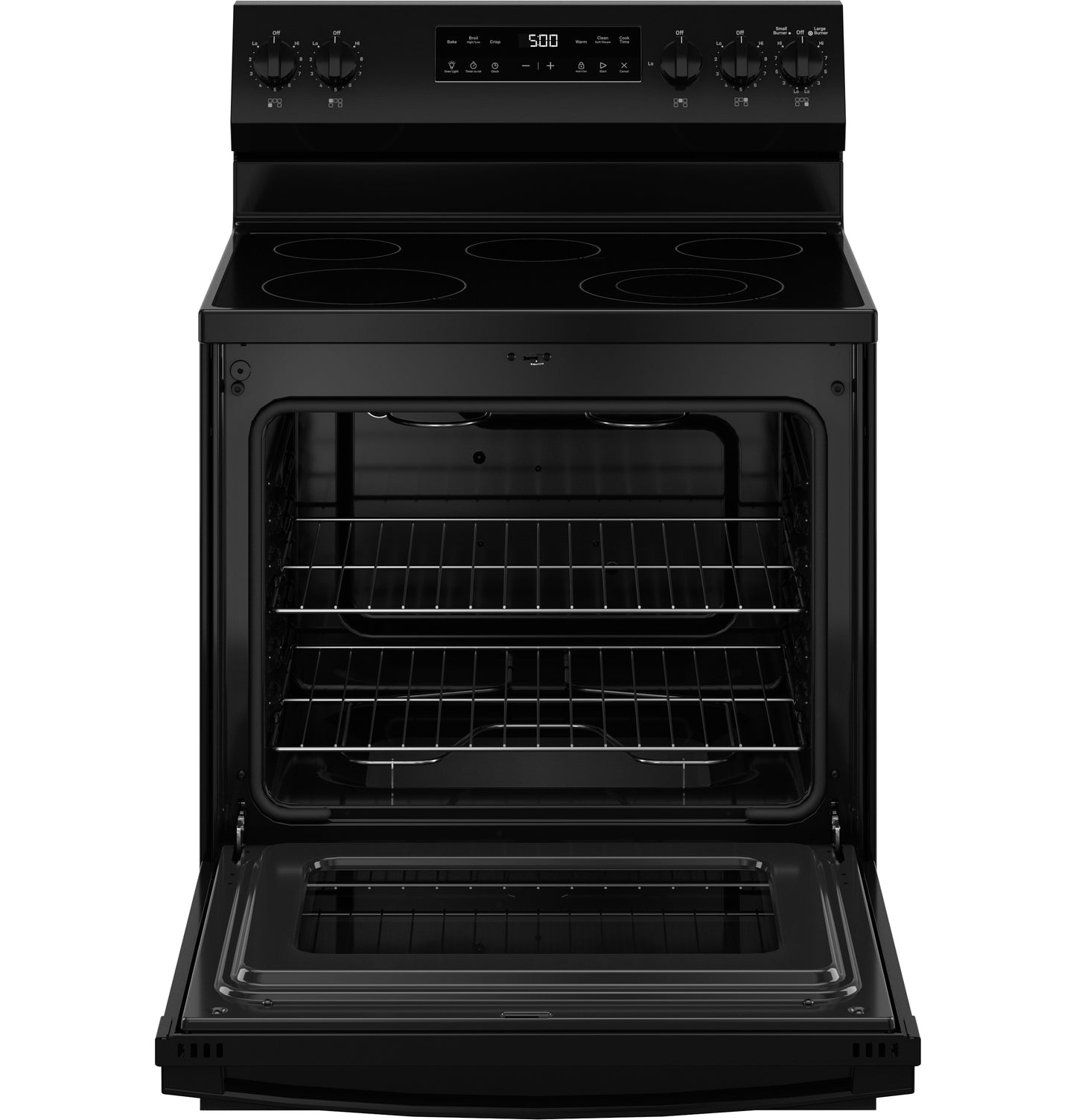 Black freestanding electric range with open oven door and digital control panel in kitchen appliances and ranges collection