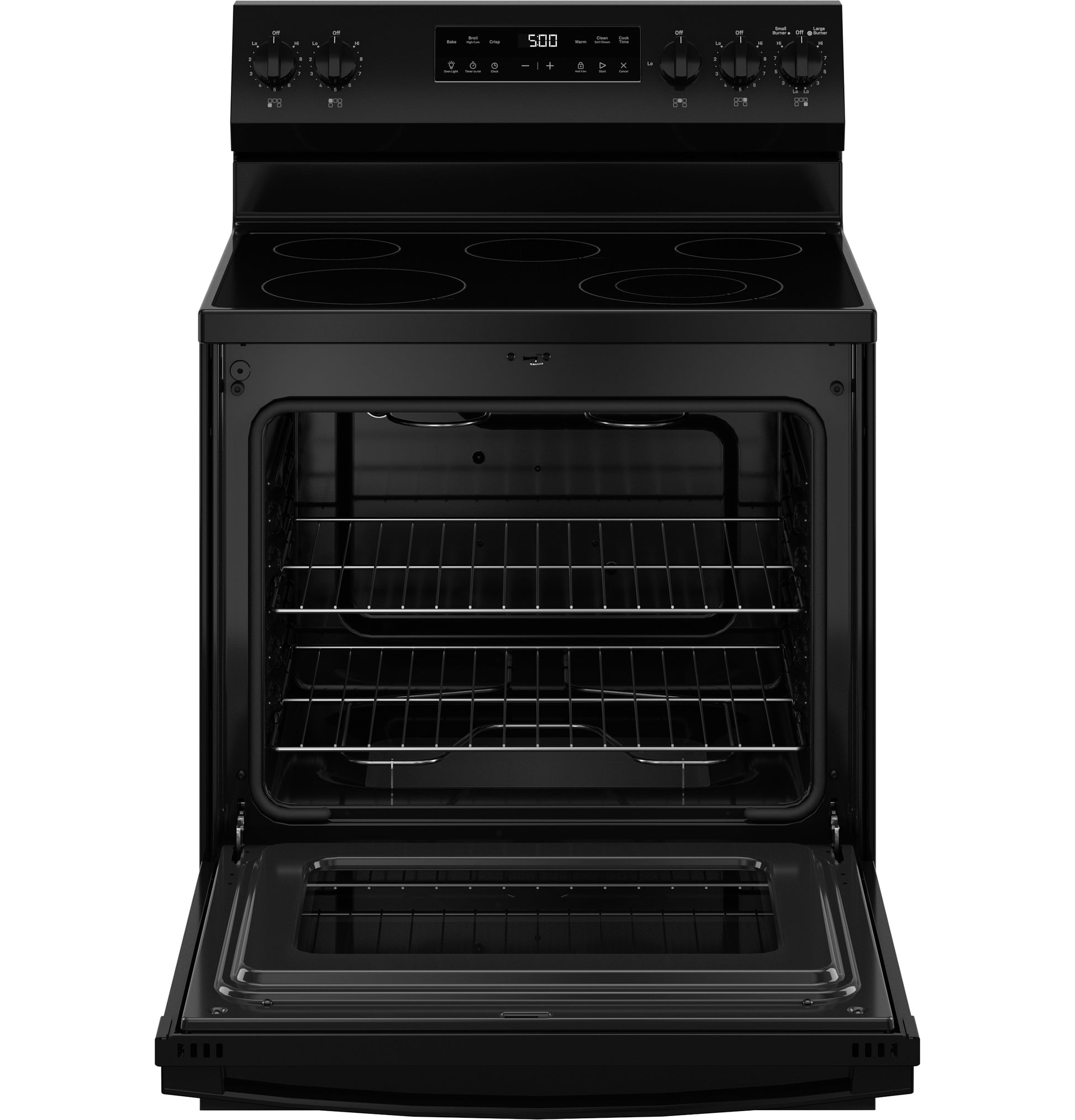 Black freestanding electric range with open oven door and digital control panel in kitchen appliances and ranges collection