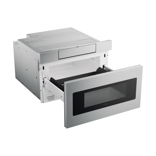 Stainless steel built-in microwave drawer with flat panel and easy touch open for kitchen appliances and home improvement.