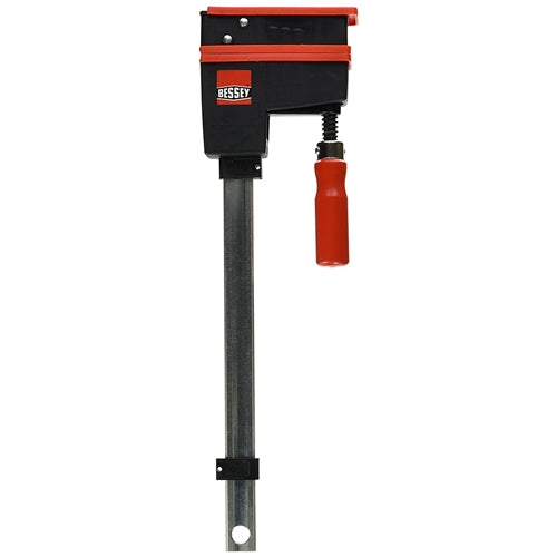 Black and red Bessey clamp with metal bar and ergonomic handle for woodworking and home improvement tasks