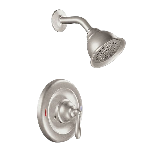 Brushed nickel showerhead and single-handle shower valve trim for bathroom home improvement projects