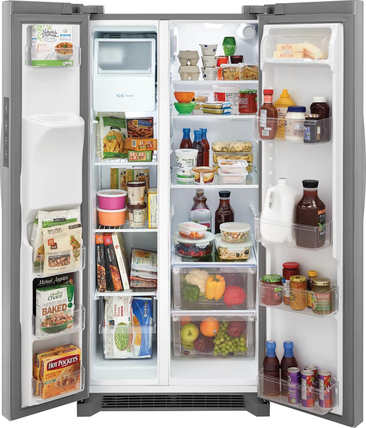 Open silver finish side-by-side refrigerator showing organized interior with fresh and frozen food in appliances collection