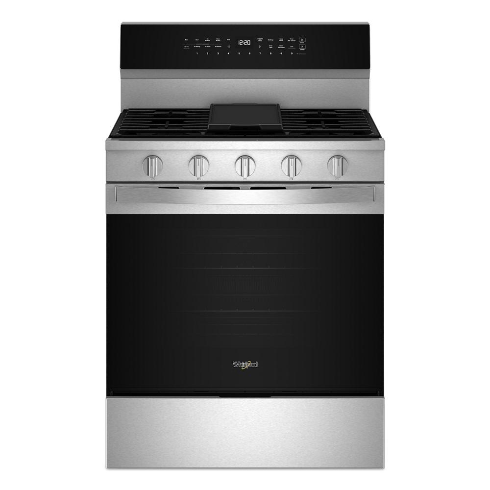 stainless steel freestanding gas range with digital control panel and five burner cooktop in kitchen appliances collection