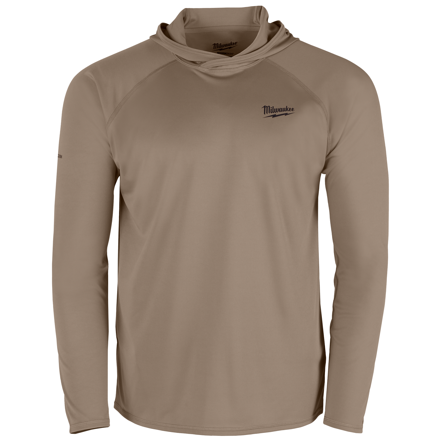 Milwaukee hooded sun shirt in sandstone color with long sleeves, designed for comfort during workdays in clothing collection