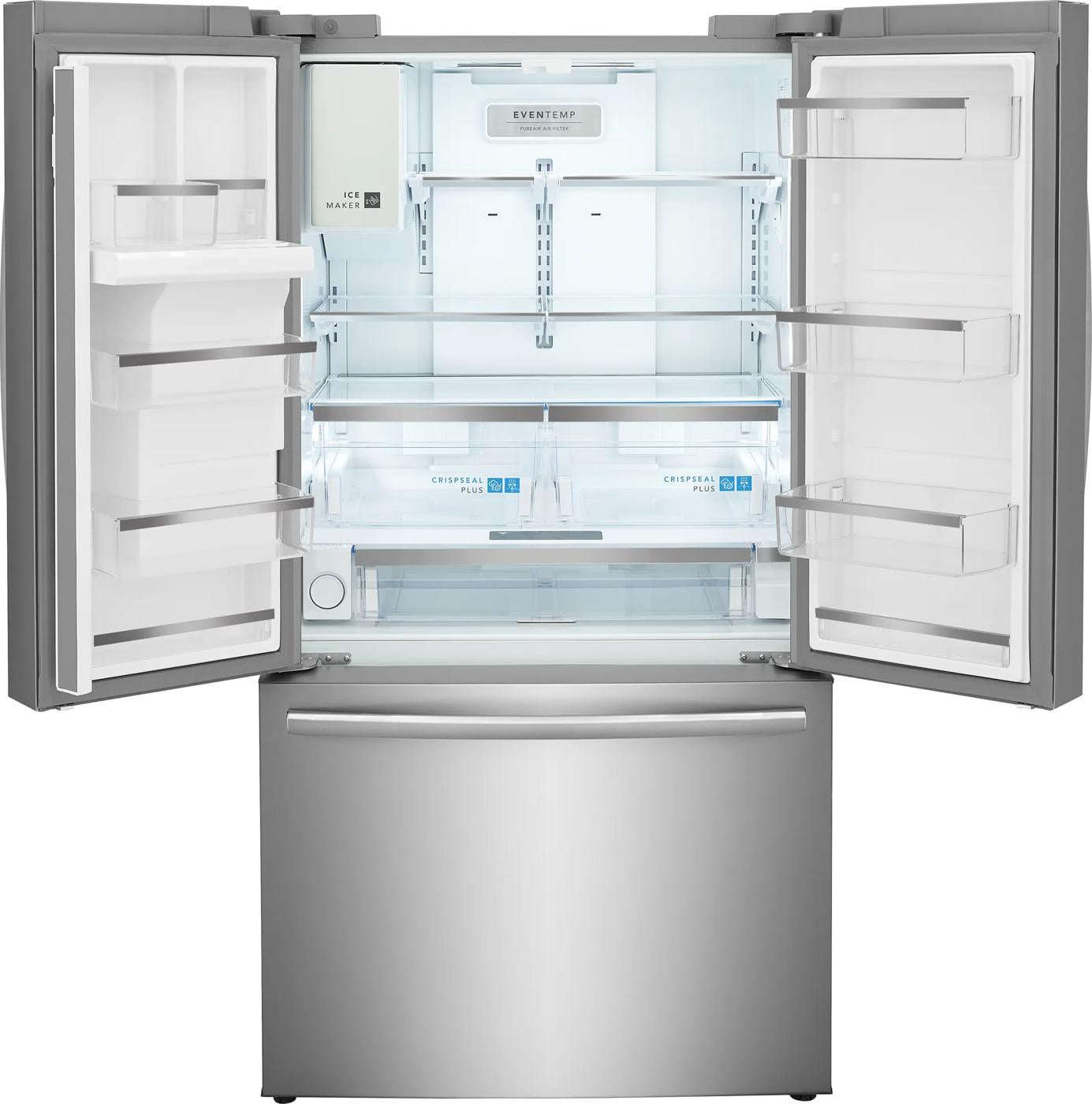 Open stainless steel French door refrigerator with multiple shelves, clear drawers, and a bottom freezer drawer in kitchen appliances collection
