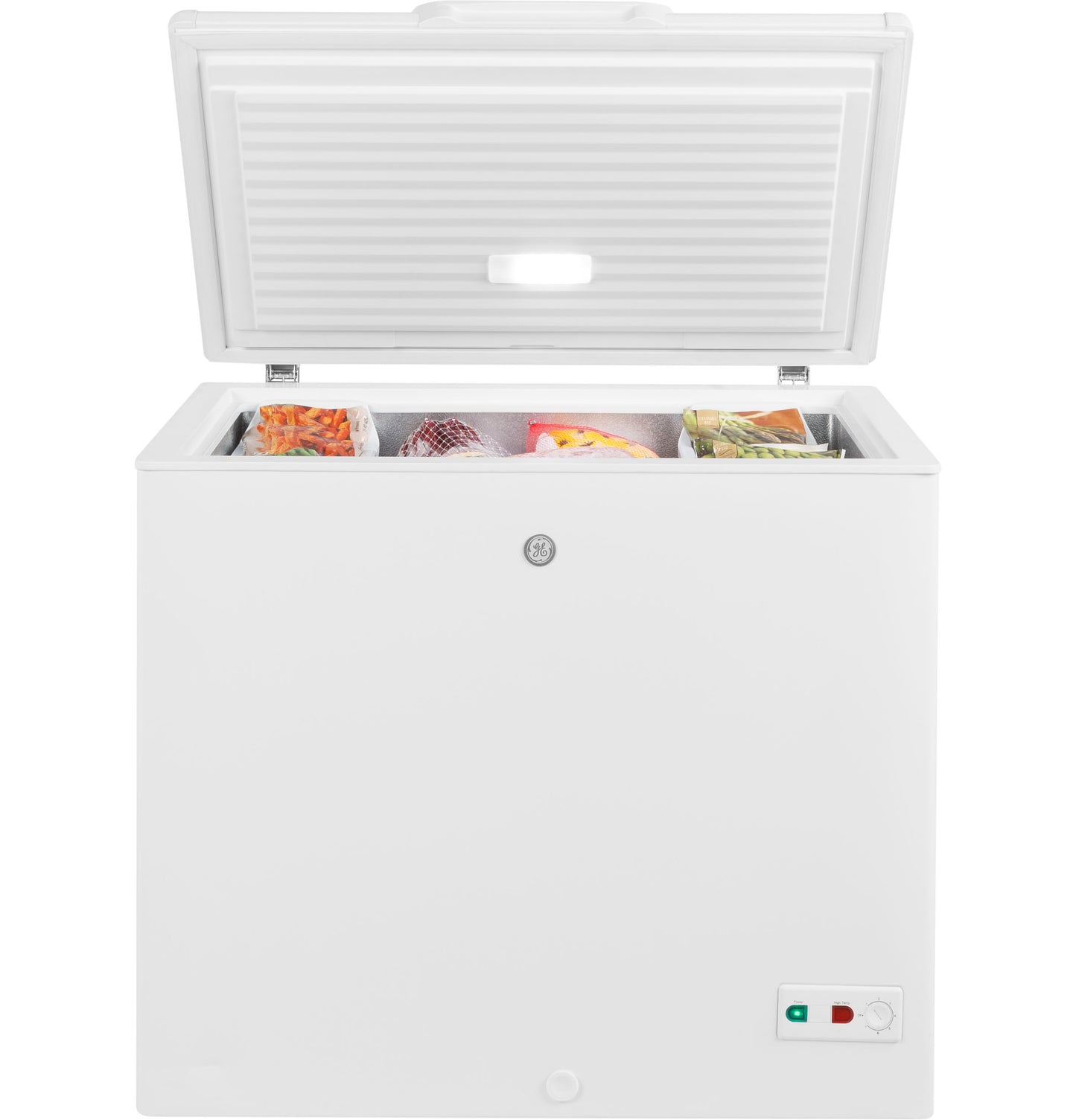 Open white manual defrost chest freezer with interior light and frozen food items inside for kitchen storage and appliances