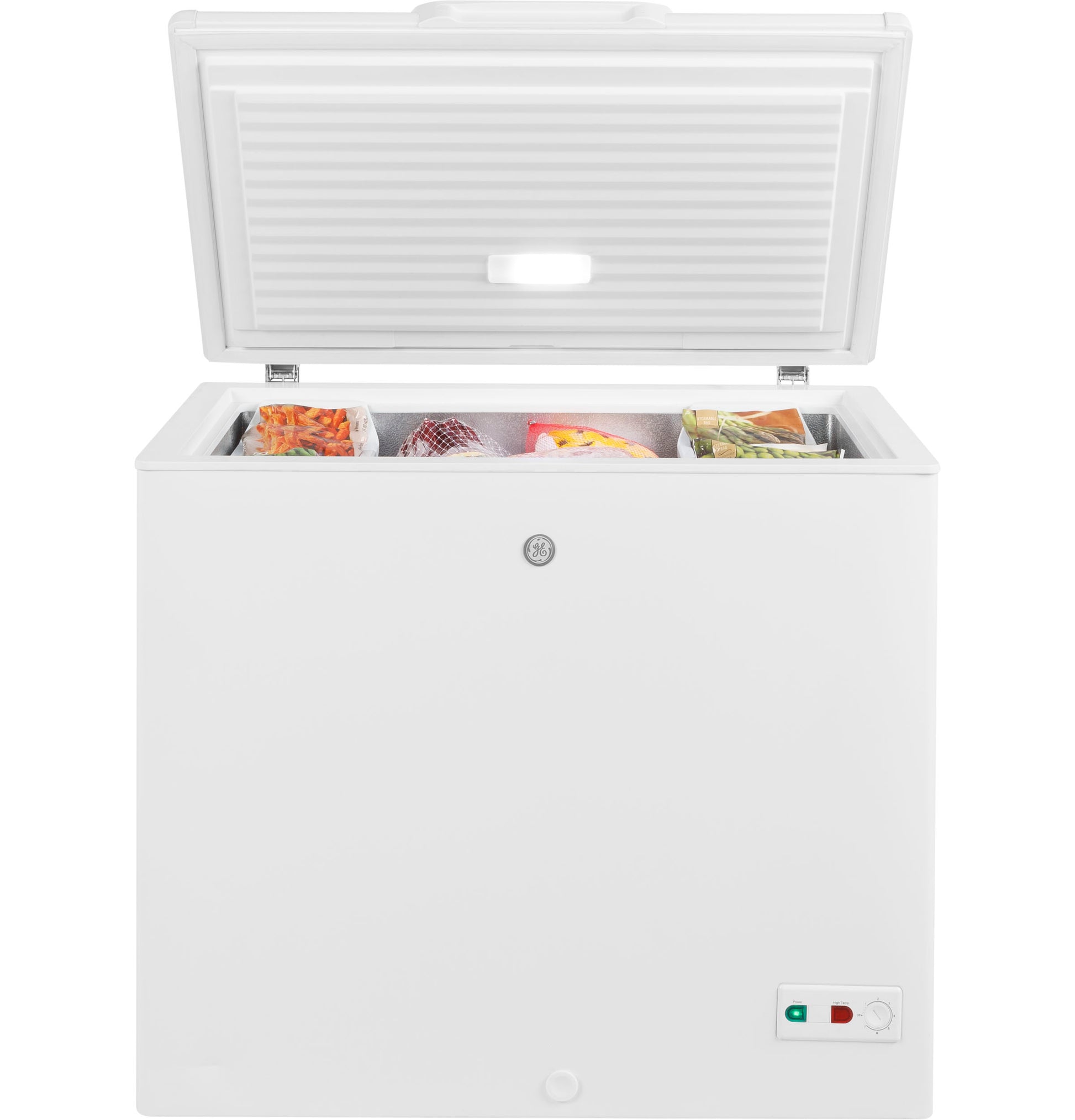 Open white manual defrost chest freezer with interior light and frozen food items inside for kitchen storage and appliances