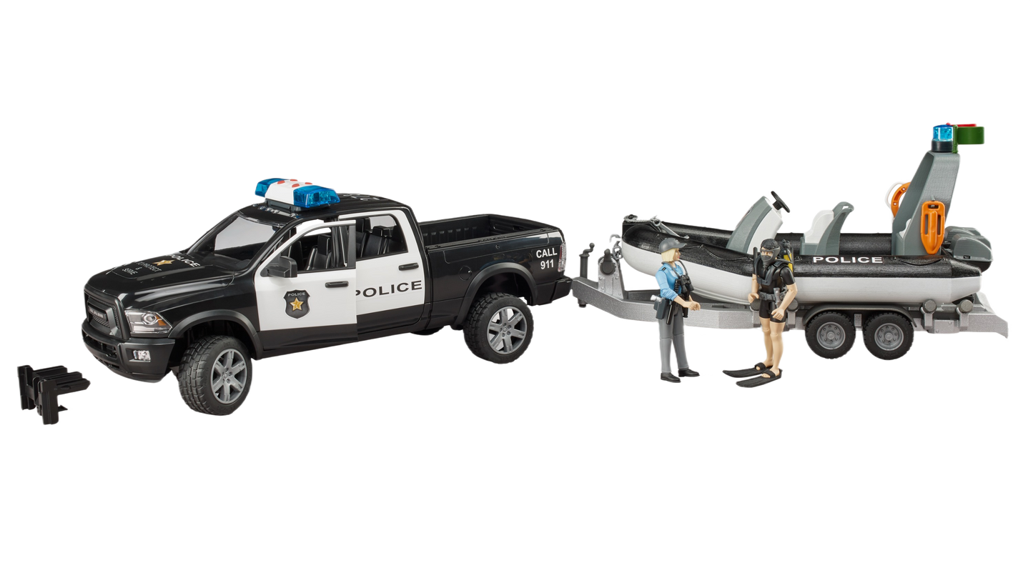 Black and white police Ram 2500 toy with trailer carrying inflatable patrol boat and two officer figures for play