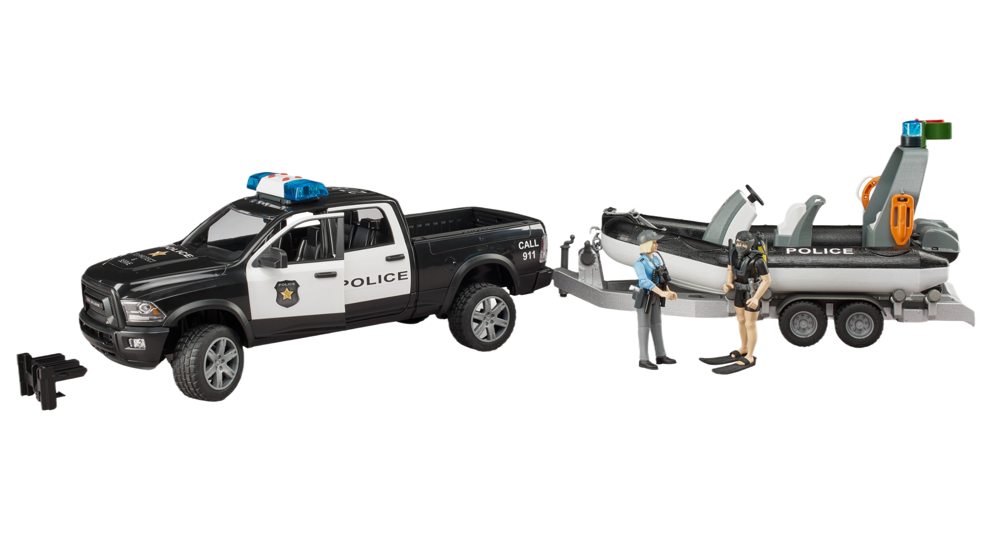 Black and white police Ram 2500 toy with trailer carrying inflatable patrol boat and two officer figures for play
