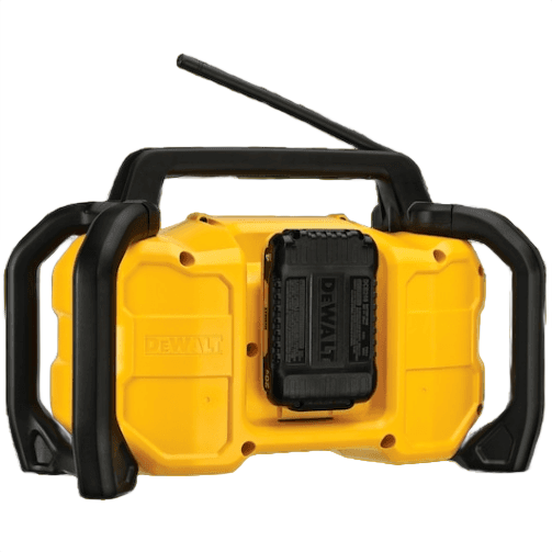 Yellow and black cordless Bluetooth jobsite radio with rugged protective frame and battery slot for tools and home improvement