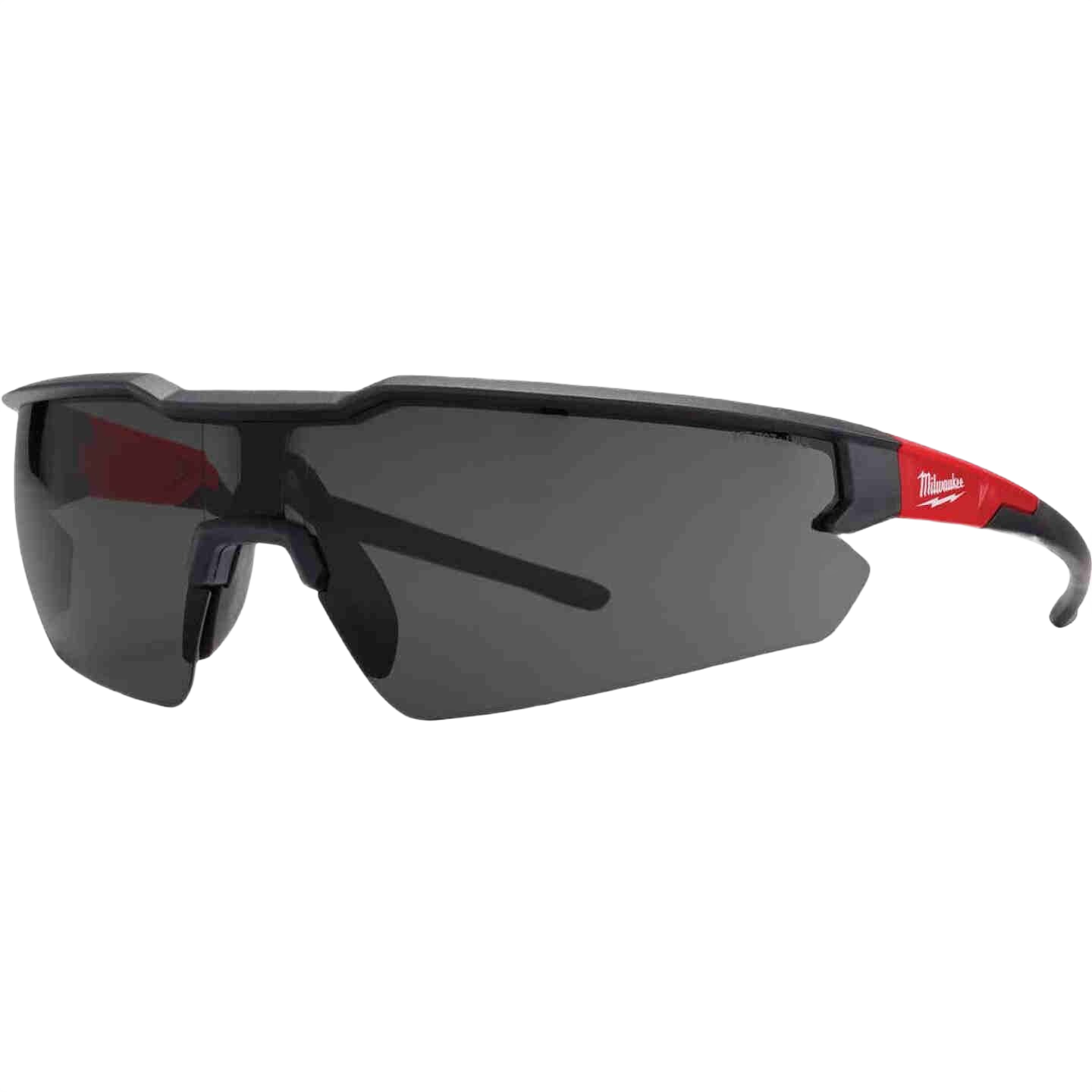 Tinted black safety glasses with red accents designed for durability in tools and home improvement tasks