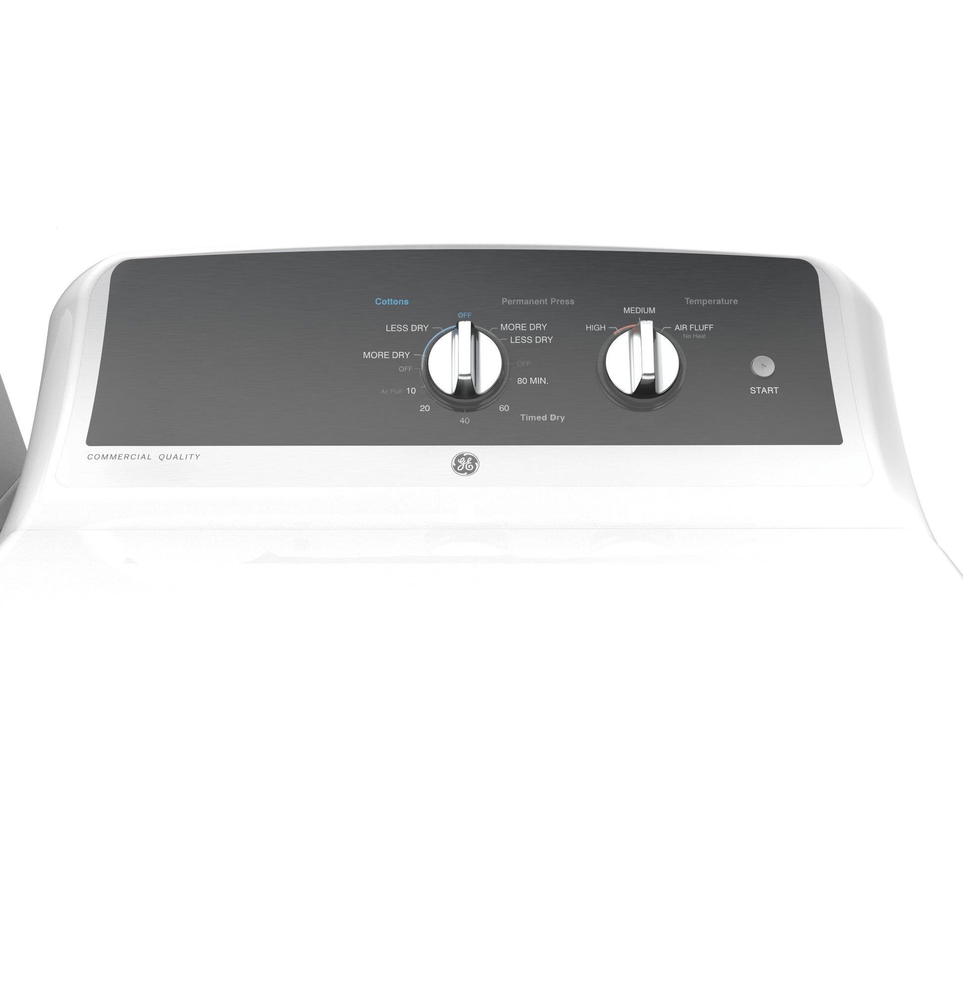 Control panel with dual rotary knobs and start button on white electric dryer for home appliances collection