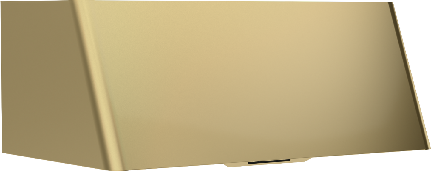 satin gold wall-mounted range hood with hybrid baffle filters for efficient kitchen ventilation and modern home improvement